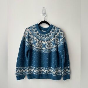 Fair Isle Nordic Sweater Blue Cream Cozy Winter Knit Pullover wool blend
